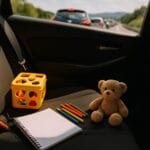 Zadnje sjedište automobila s dječijim bojicama i sveskom tokom putovanja, igre u atomobilu za djecu