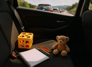 Zadnje sjedište automobila s dječijim bojicama i sveskom tokom putovanja, igre u atomobilu za djecu