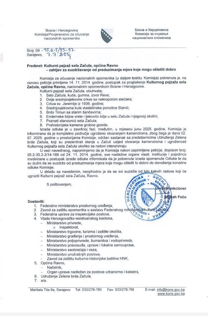 Dopis Komisije za očuvanje nacionalnih spomenika BiH o zaštiti kulturnog pejzaža Začule