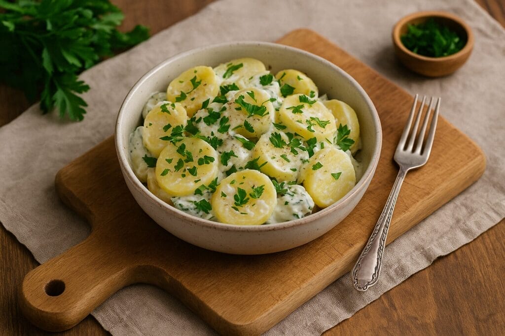salate koje hrane i hlade, Krompir salata u keramičkoj zdjeli na drvenoj tacni s peršunom i viljuškom