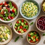 salate koje hlade i hrane, Više zdjelica s raznim ljetnim salatama u živim bojama raspoređenih na kamenom stolu