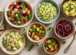 salate koje hlade i hrane, Više zdjelica s raznim ljetnim salatama u živim bojama raspoređenih na kamenom stolu