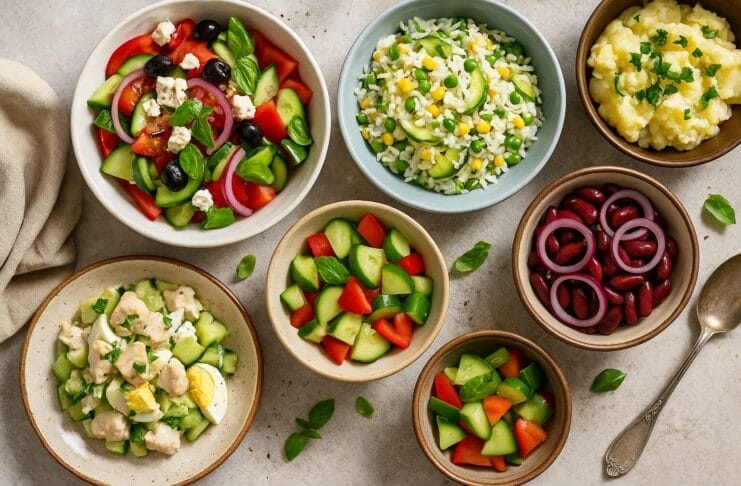 salate koje hlade i hrane, Više zdjelica s raznim ljetnim salatama u živim bojama raspoređenih na kamenom stolu