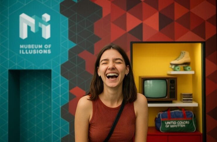 Neobični muzeji, Mladi osmijehnuti posjetilac u Muzeju iluzija ispred retro televizora i rolera