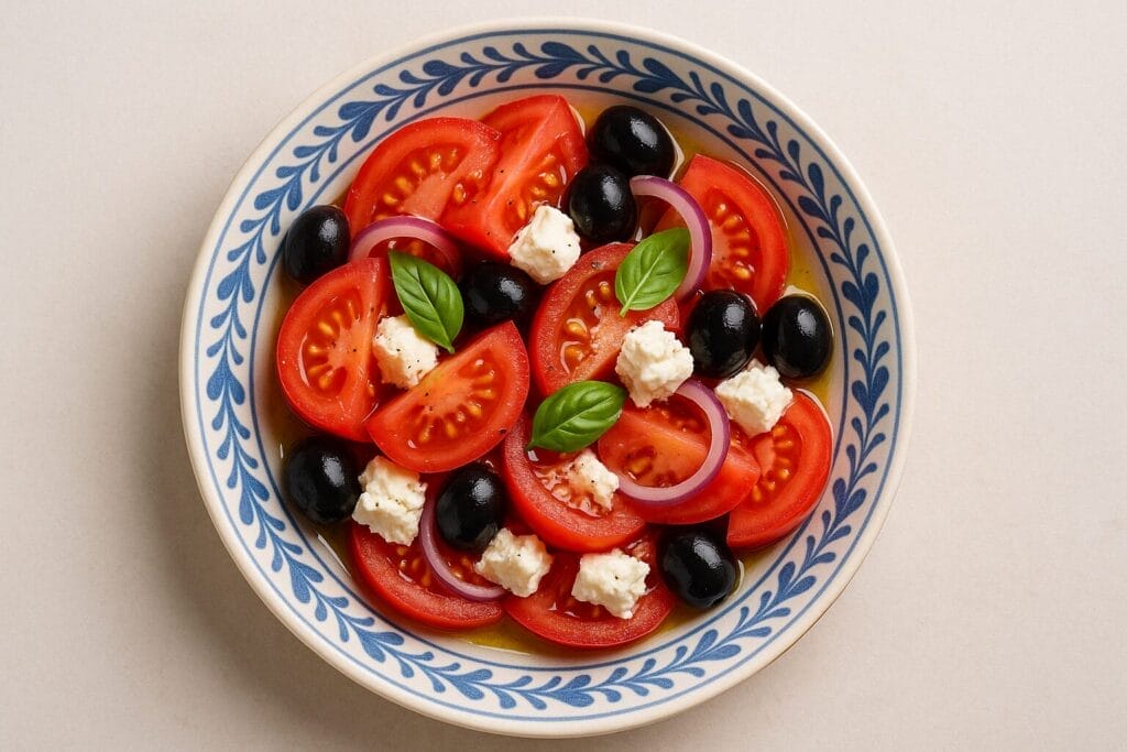 salate koje hlade i hrane, Mediteranska salata u keramičkoj zdjeli na elegantnom stolu