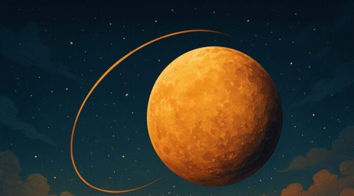 Retrogradni Merkur, Ilustracija planete Merkur u retrogradnom kretanju na noćnom nebu s tragom putanje