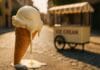 kako sigurno kupiti sladoled na ulici, Topljeni sladoled u kornetu na suncu ispred uličnog štanda s natpisom „Ice Cream“ na kaldrmisanoj ulici