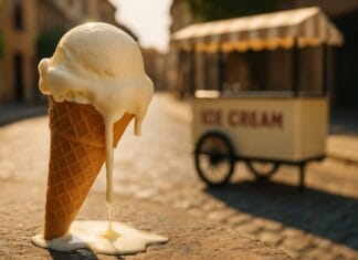kako sigurno kupiti sladoled na ulici, Topljeni sladoled u kornetu na suncu ispred uličnog štanda s natpisom „Ice Cream“ na kaldrmisanoj ulici