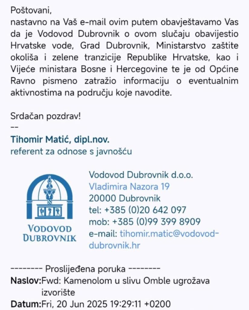 Email odgovor iz Vodovoda Dubrovnik kojim se potvrđuje da su institucije obaviještene o mogućim rizicima po izvor Ombla.