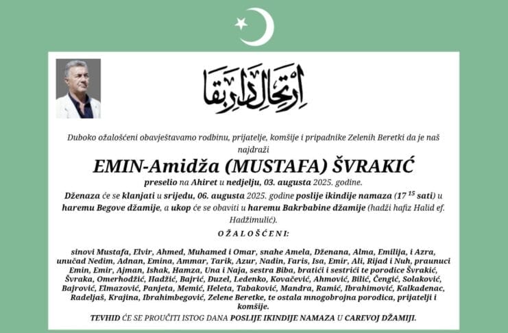 Dženaza Eminu-Amidži Švrakiću u srijedu u Sarajevu