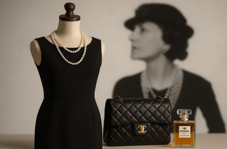 Mala crna haljina na manekenu s biserima, uz Chanel torbicu i parfem No. 5, u pozadini zamućena crno-bijela fotografija Coco Chanel.