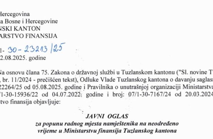 Ministarstvo finansija TK: Konkurs za višeg referenta